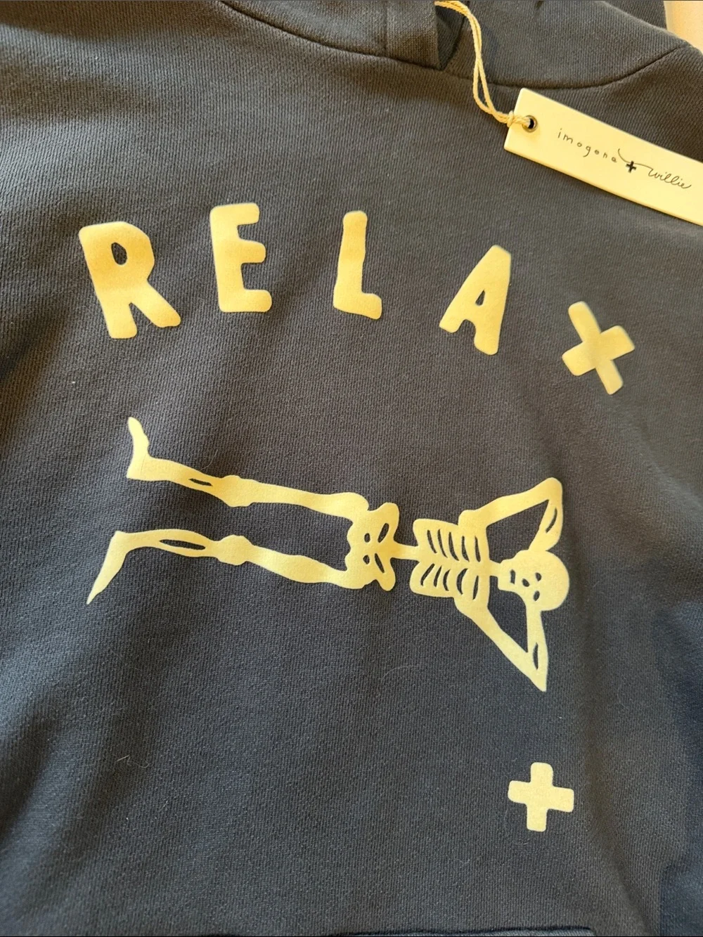 imogene + willie Deadstock Crewneck Hoodie with Cream 'RELAX' Skeleton Graphic